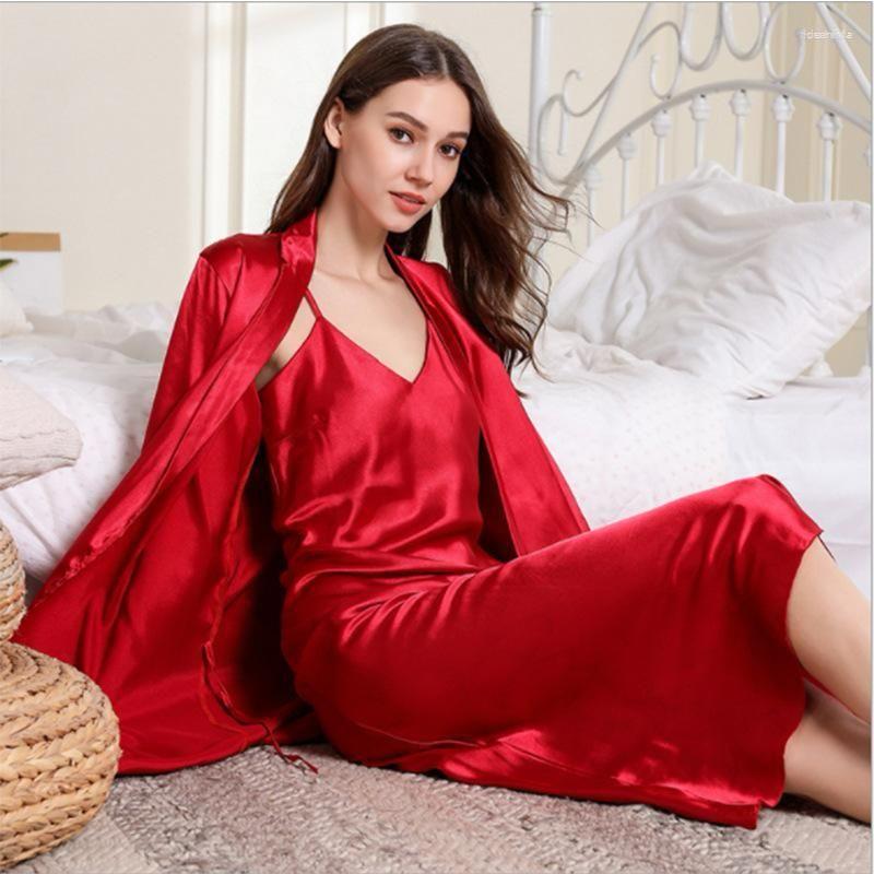 Saimwear 2 Piece Set Pajamas for Women Silk Satin Pajama Set with Kimono Robe LY#102