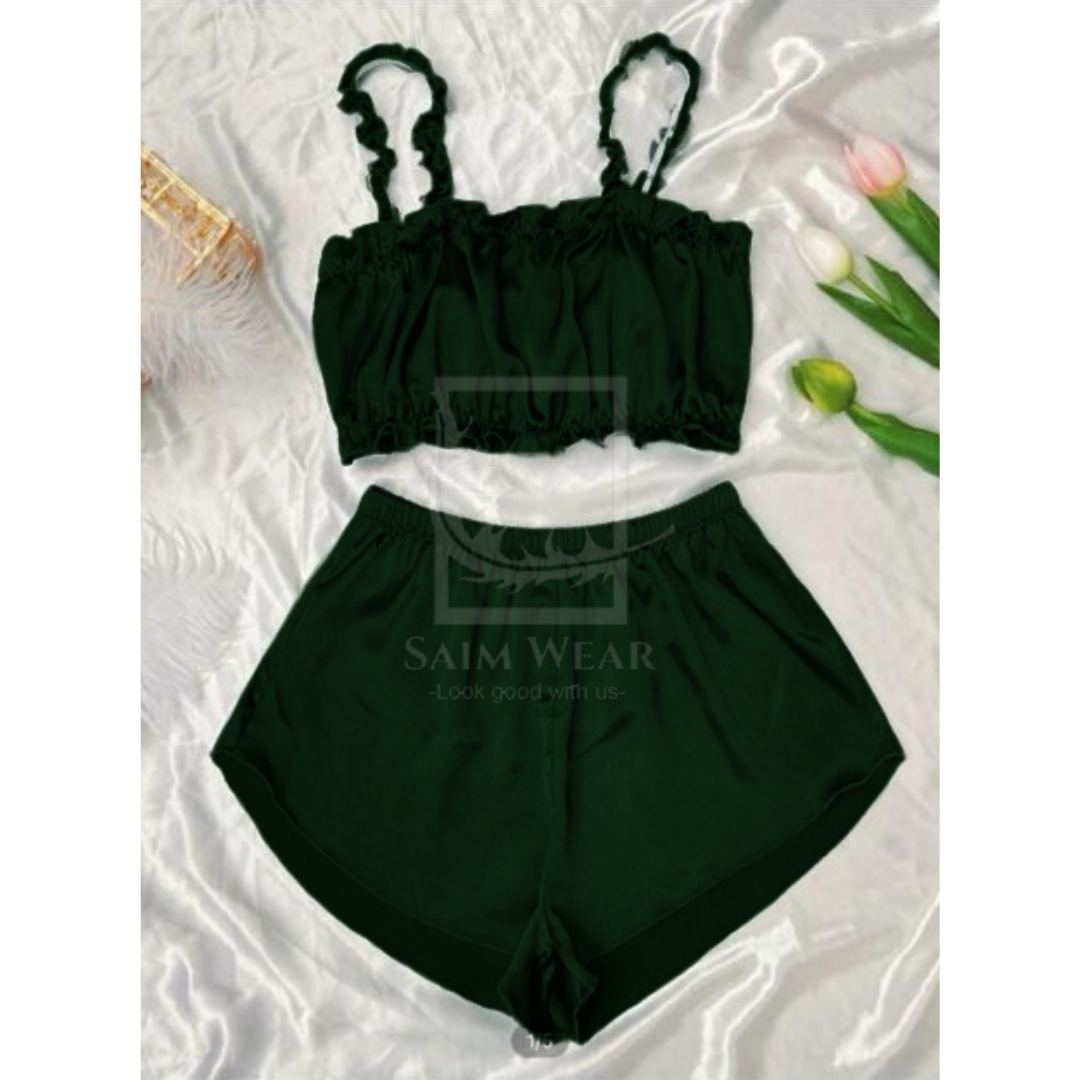 CHK # P55 Ruffle Trim Satin Cami Top & Shorts