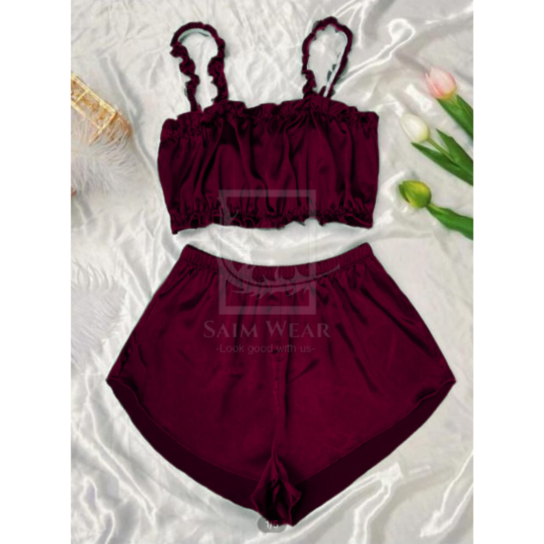 CHK # P55 Ruffle Trim Satin Cami Top & Shorts