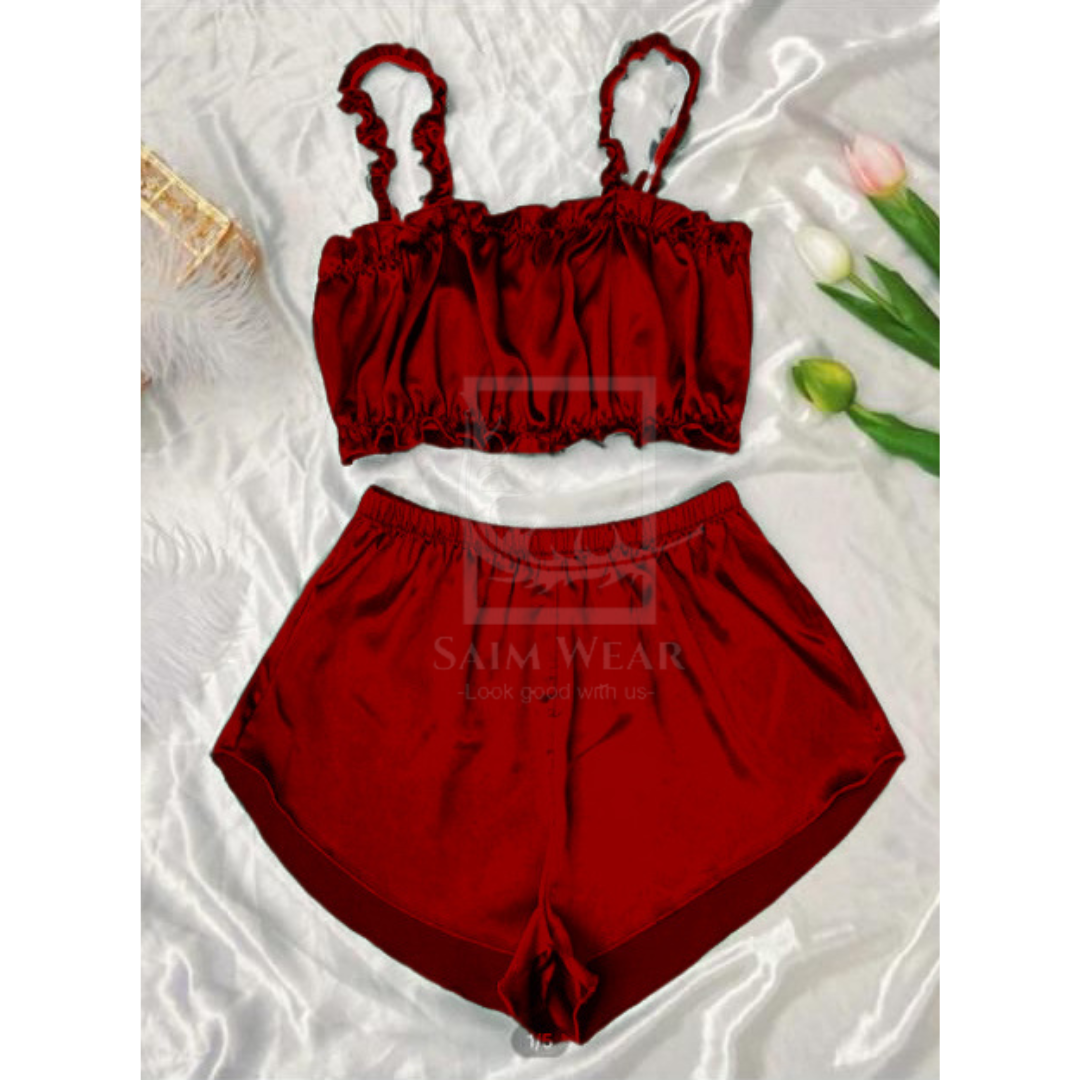 CHK # P55 Ruffle Trim Satin Cami Top & Shorts