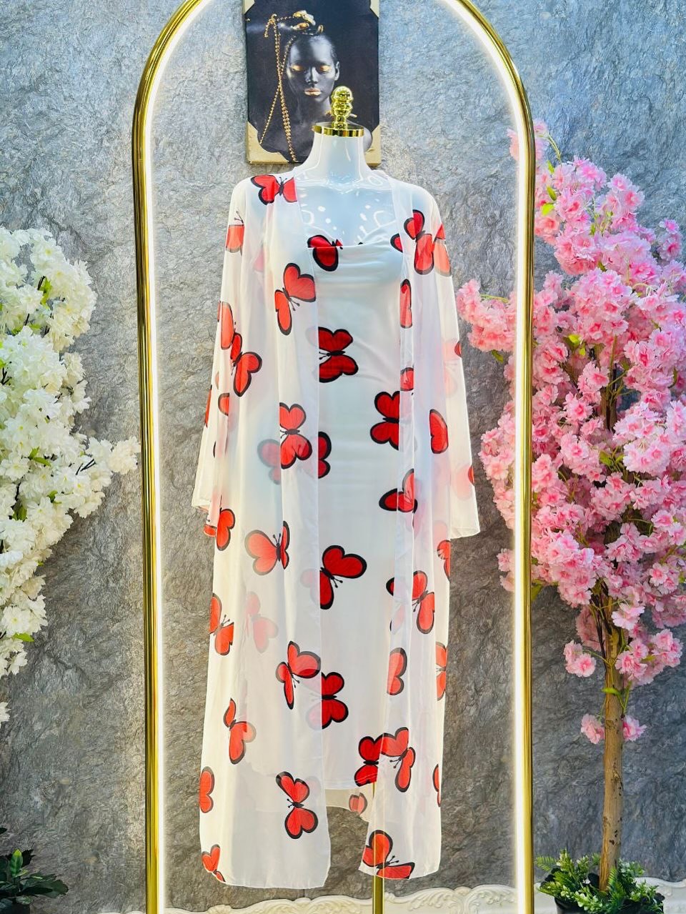 CH 572 - 2 Piece Butterfly Printed Long Gown Dress - Saimwear
