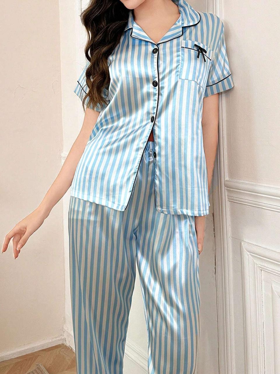 P-75 - Half Sleeves Stripes Silk Lounge Wear Set | SAIMWEAR