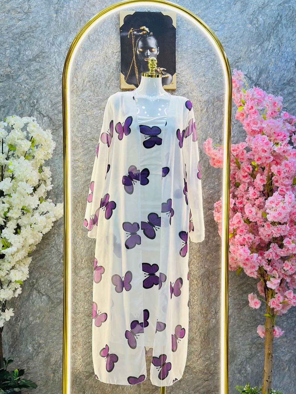 CH 572 - 2 Piece Butterfly Printed Long Gown Dress - Saimwear