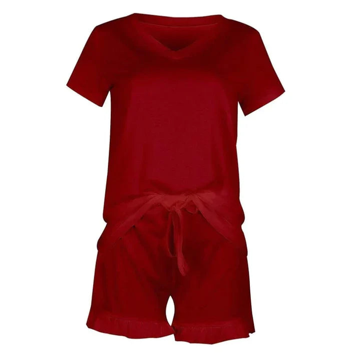 CH-336 Nightwear V-Neck Short Sleeves Tops And Drawstring Elastic Waist Ruffle Short