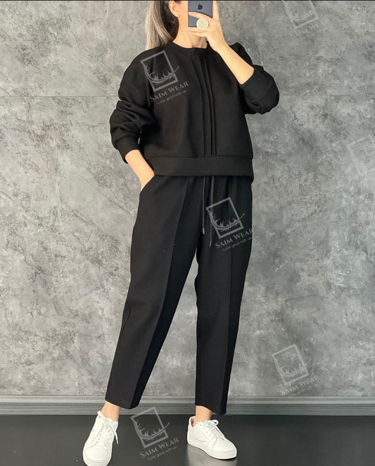 Saimwear Winter Fleece Co-Ords: Stylish Black 2-Piece Set With Cocoon Pants And Sweatshirt CH 381