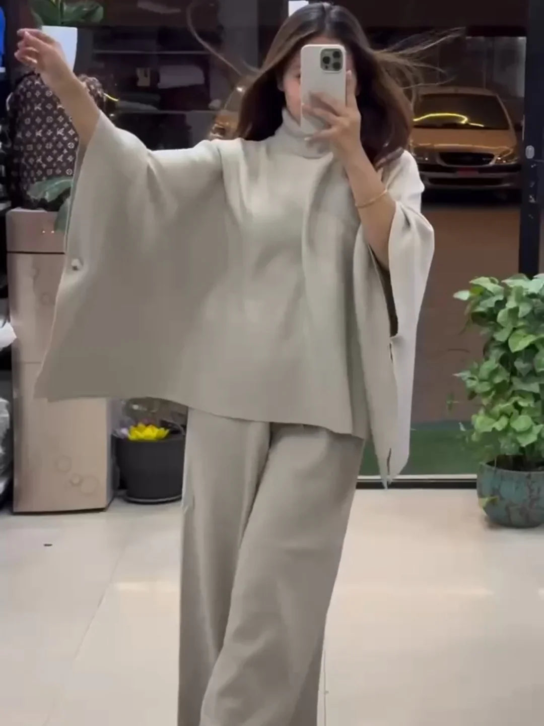 Ch 528 Poncho flare top with trouser winter fleece co-ord set - SAIMWEAR