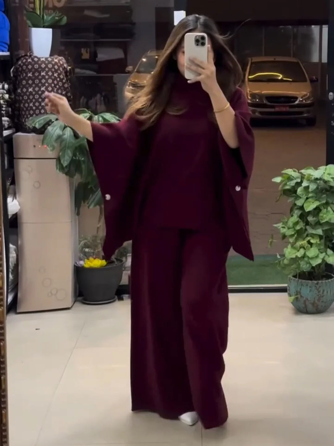 Ch 528 Poncho flare top with trouser winter fleece co-ord set - SAIMWEAR