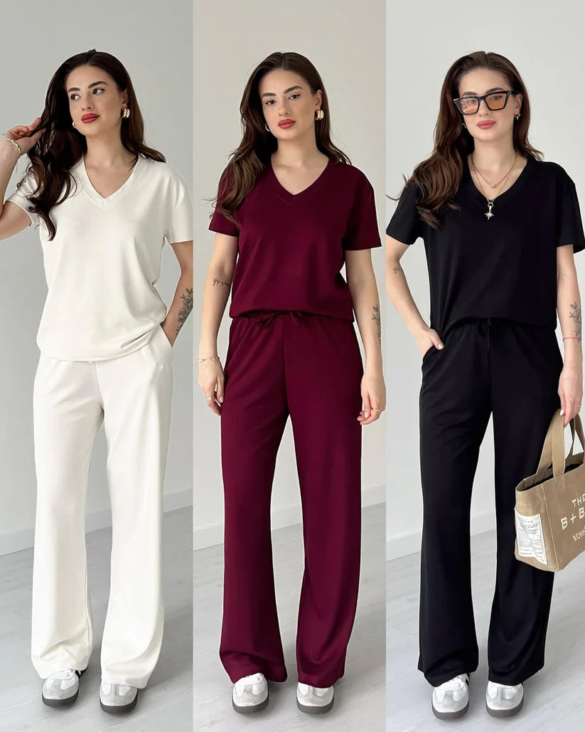 CH-553 Summer Casual Women's V neck Top & Trouser Set | Saimwear