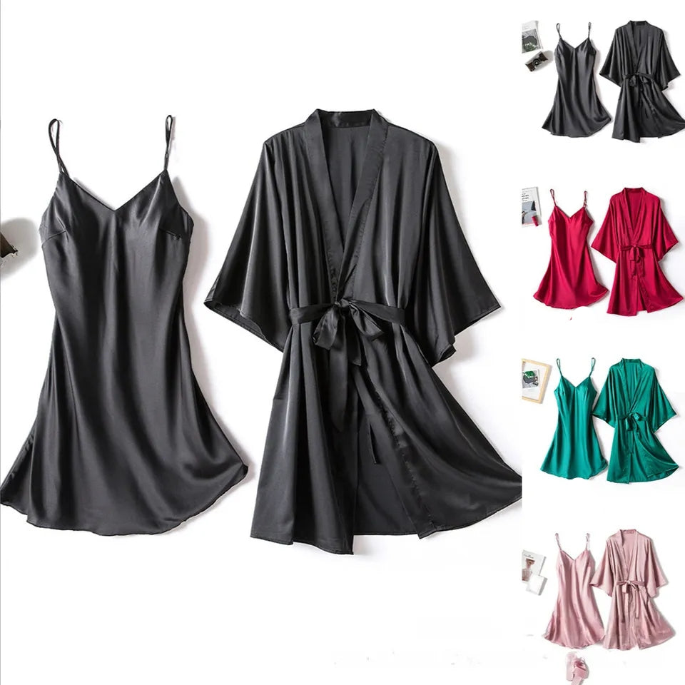 Silk Robe With Long Sleeveless Top 2 Pcs Nightwear P 42