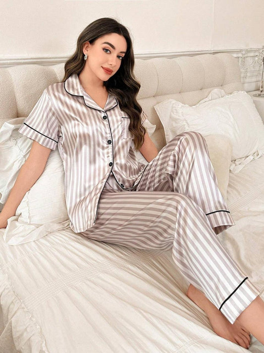 P-75  - Half Sleeves Stripes Silk Lounge Wear Set | SAIMWEAR