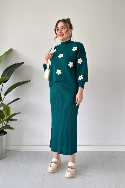 CH 483 Saimwear Flowers Printed Stretchable Ribbed Fleece Dress