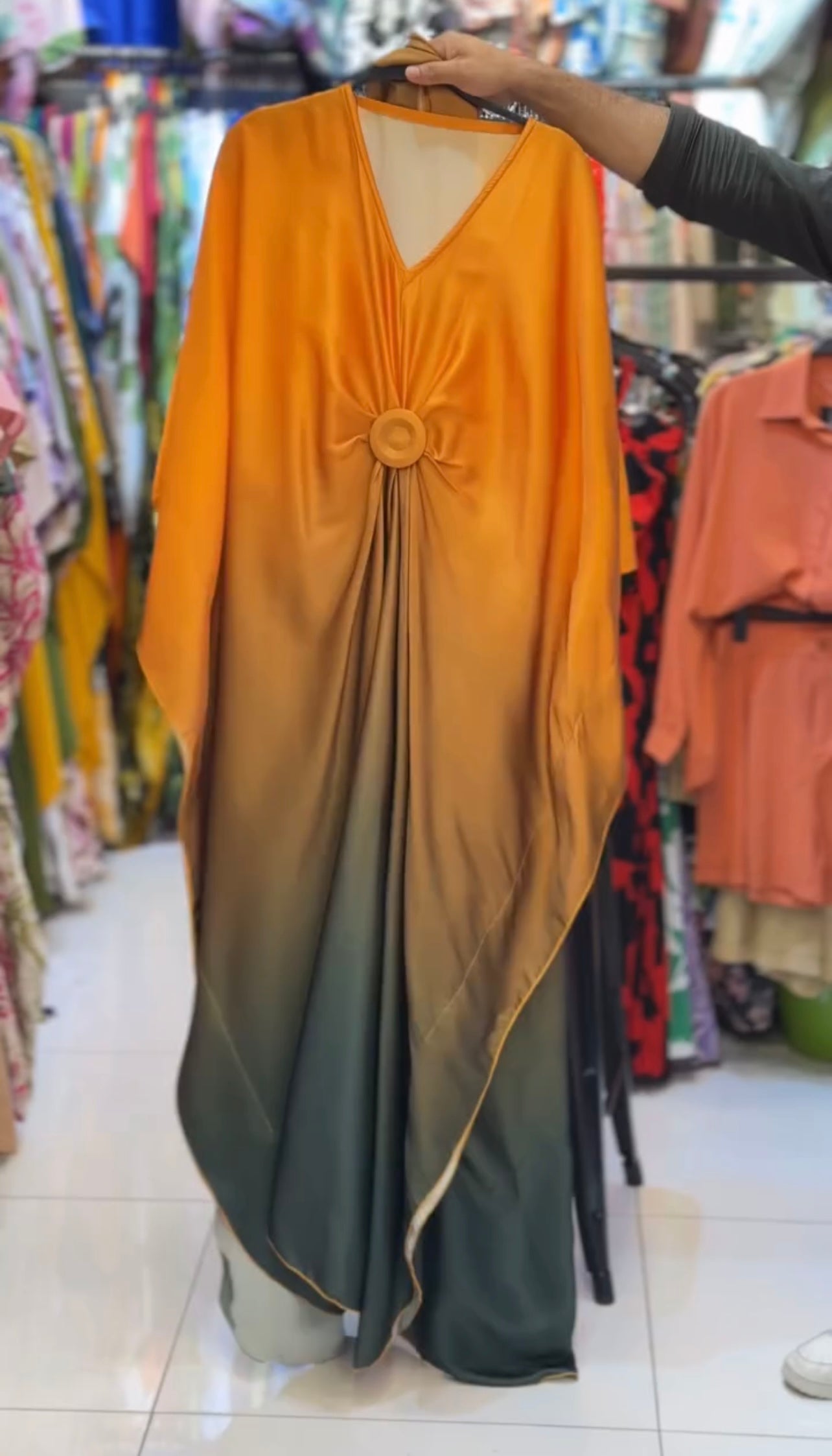 CH 537 V Neck Double Tone Style Silk Kaftaan Dress - Saimwear