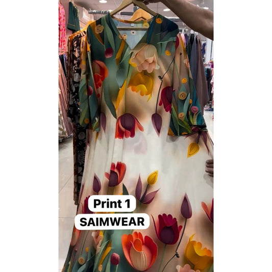 CH 573 Tulip Bloom Printed Kaftan – Soft Crepe Long Dress | Saimwear