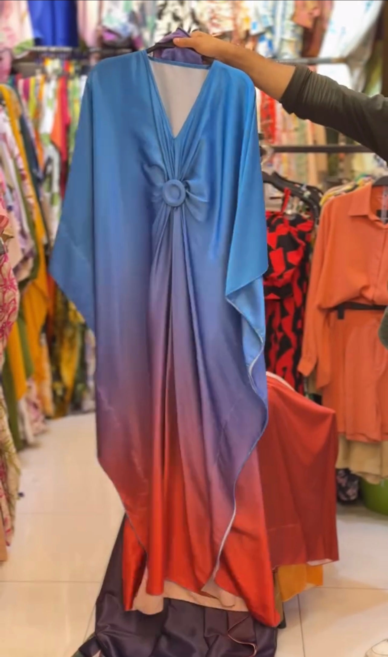 CH 537 V Neck Double Tone Style Silk Kaftaan Dress - Saimwear