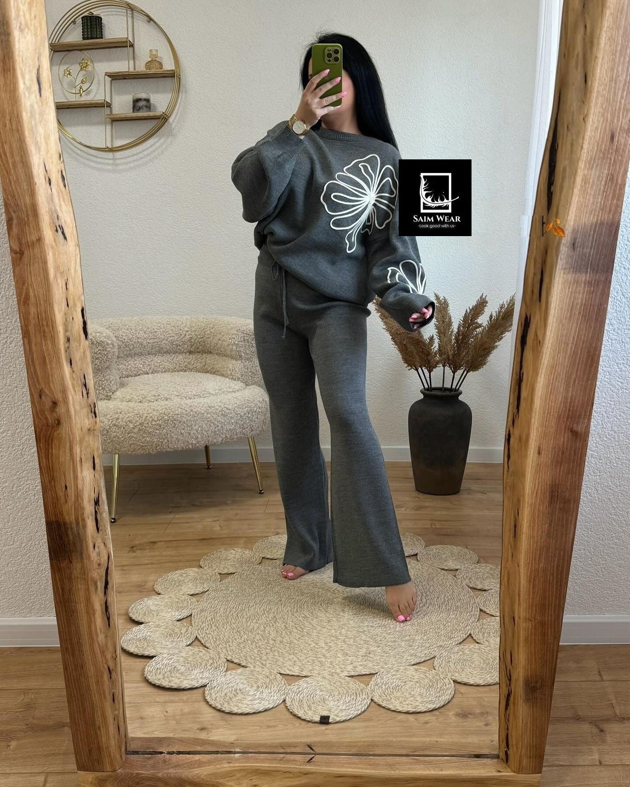 CH 494 Saimwear Drop Shoulder Oversized Petal Printed Fleece Co ord Set For Winters