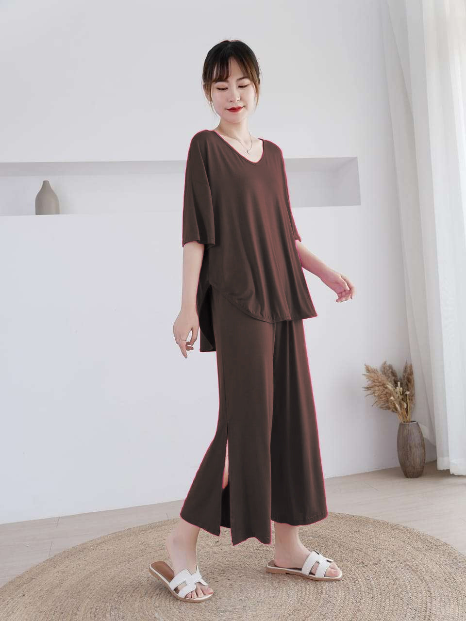 CH # 345 Cool And Comfy Open Cut Loose Trousers And Half Sleeves Top Loungewear - saimwear