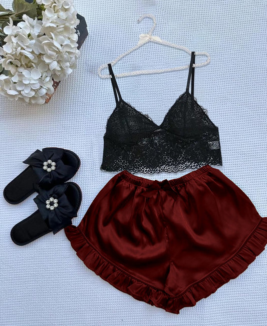 P66 Silk Short With Net Bra Night Wear Set.