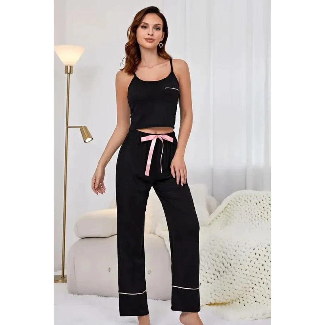 Sling Tops & Lounge Pant Set 2 Pieces Sleeveless Crop Tee With Trousers Summer Sleepwear Tie Waist Home Suit Lounge CH #338 - saimwear