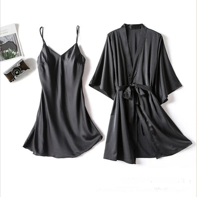 Silk Robe With Long Sleeveless Top 2 Pcs Nightwear P-42