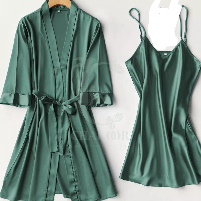 Silk Robe With Long Sleeveless Top 2 Pcs Nightwear Small Bottle Green