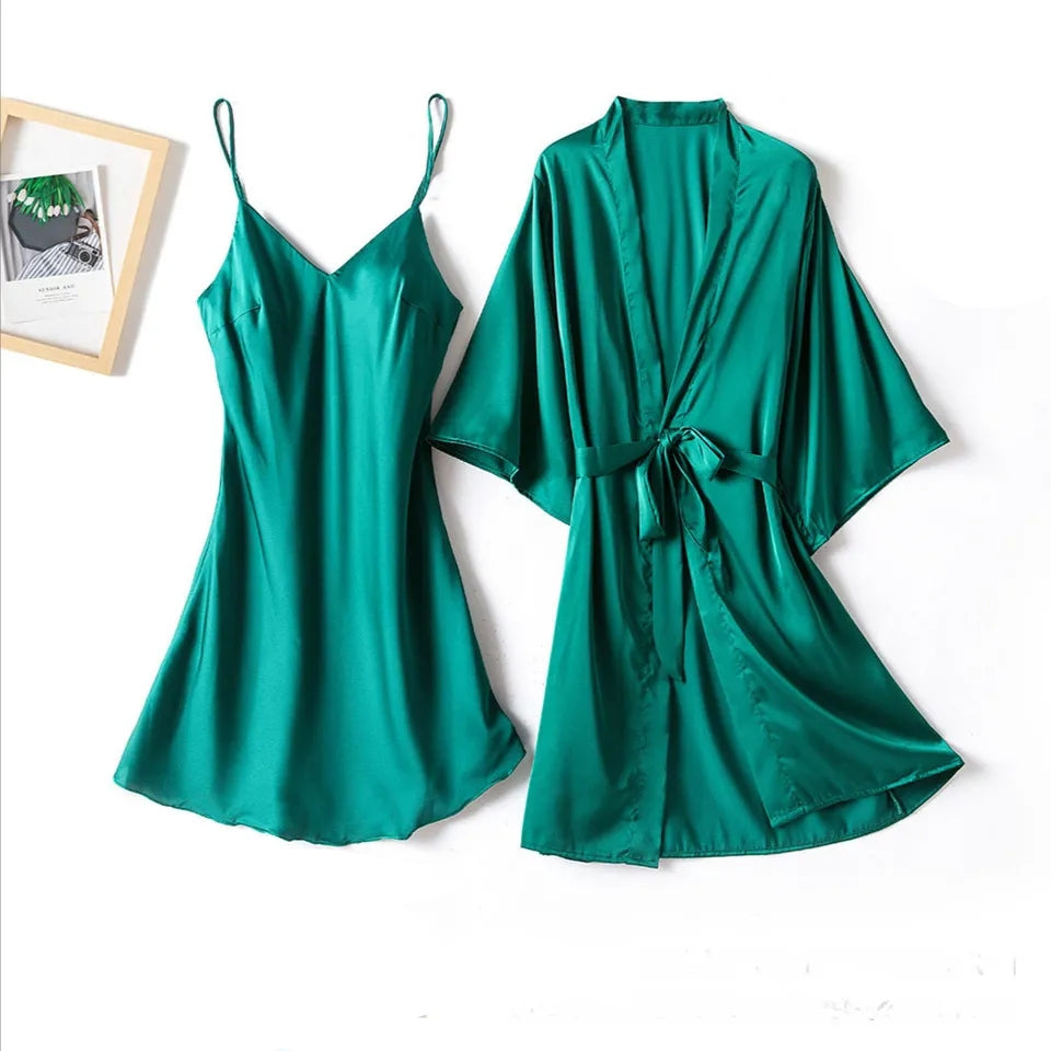 Silk Robe With Long Sleeveless Top 2 Pcs Nightwear P-42 - saimwear