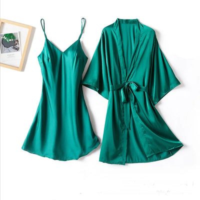 Silk Robe With Long Sleeveless Top 2 Pcs Nightwear P-42