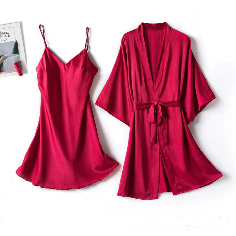 Silk Robe With Long Sleeveless Top 2 Pcs Nightwear P-42 - saimwear