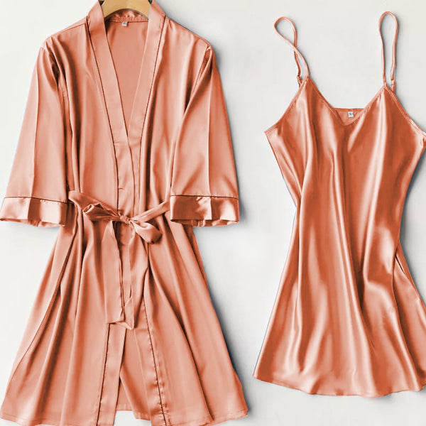 Silk Robe With Long Sleeveless Top 2 Pcs Nightwear - saimwear